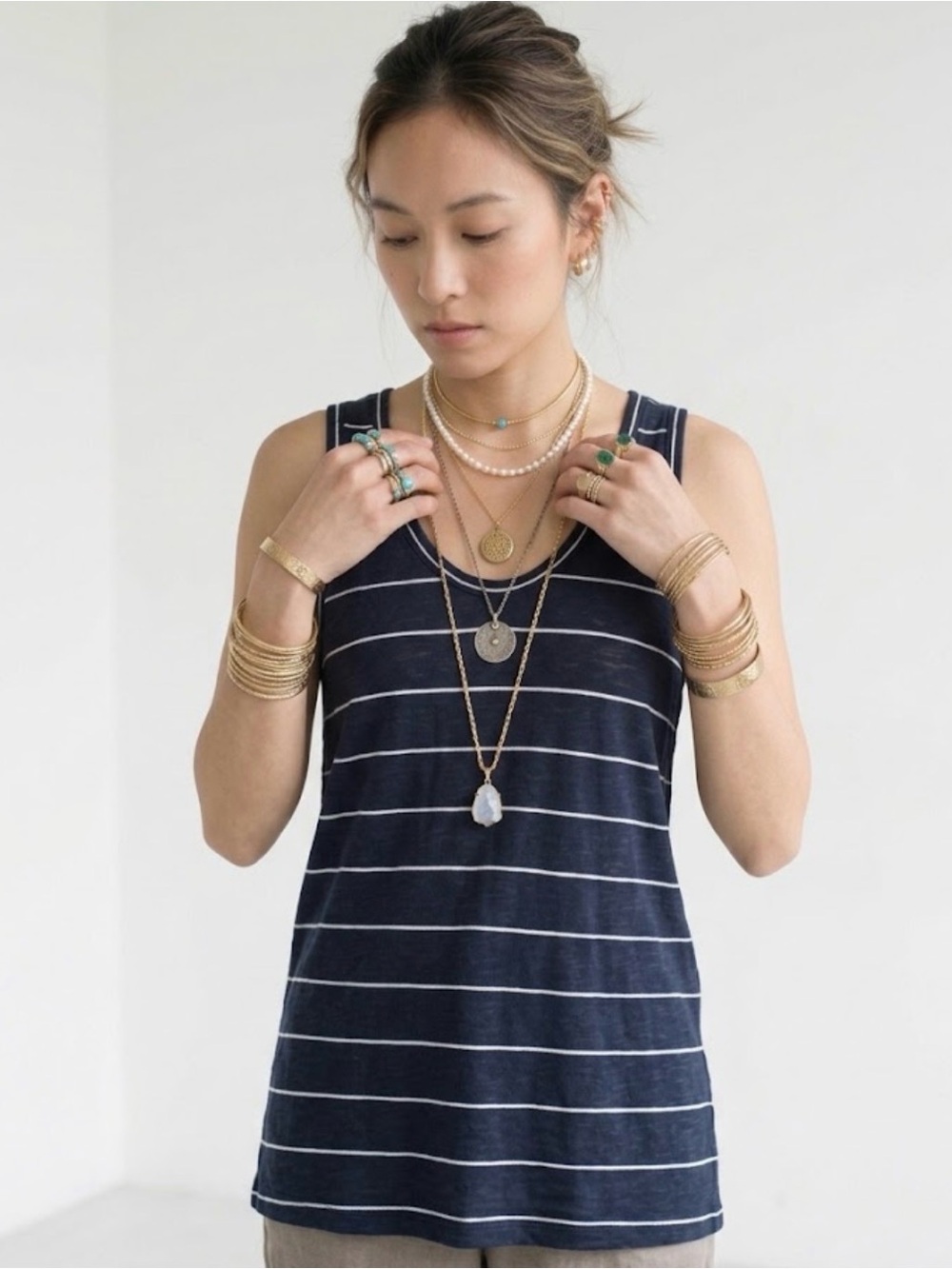 Vince Navy Blue & White Striped Scoop Neck Tank Top